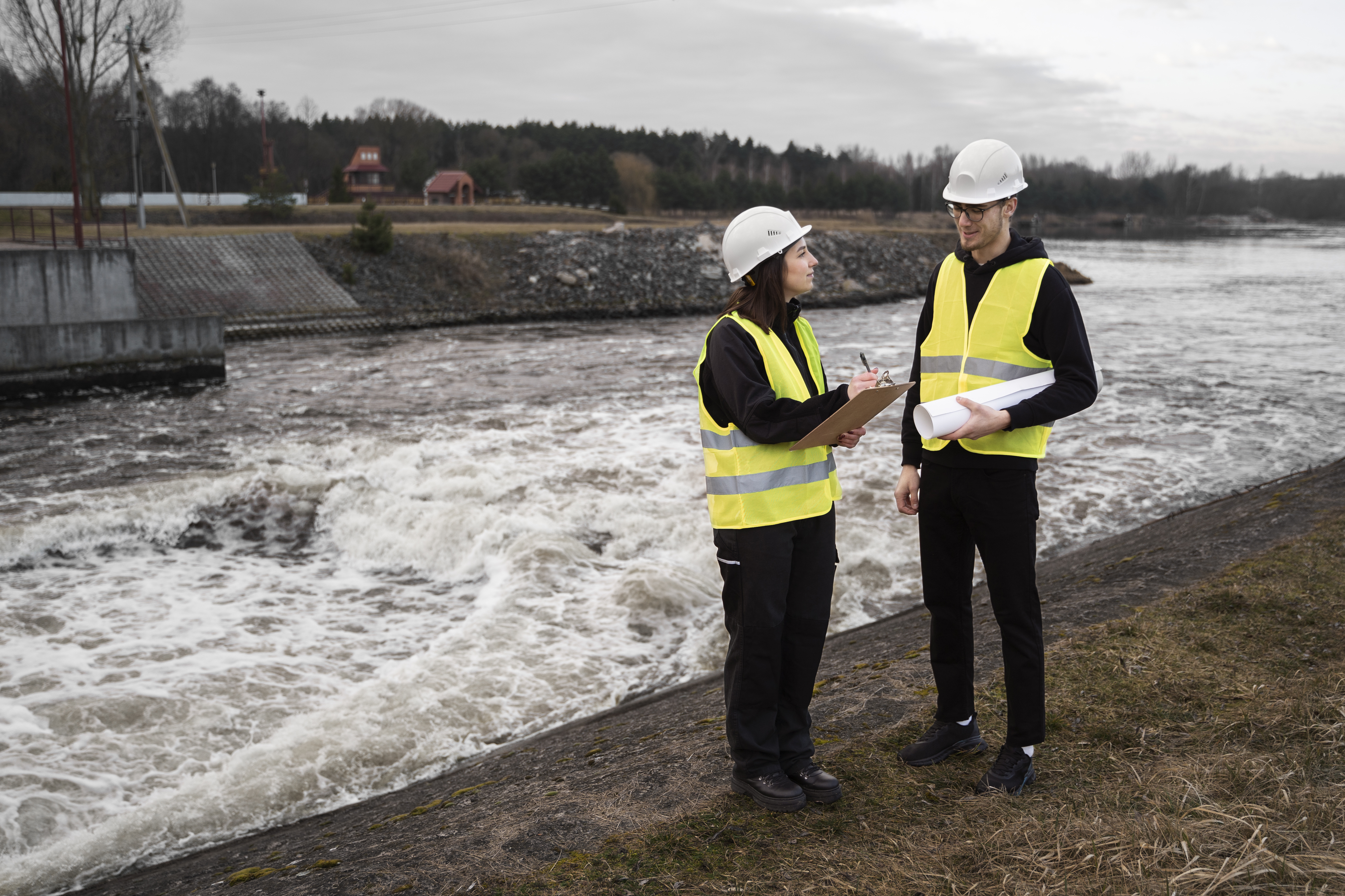 full-shot-engineers-standing-near-river